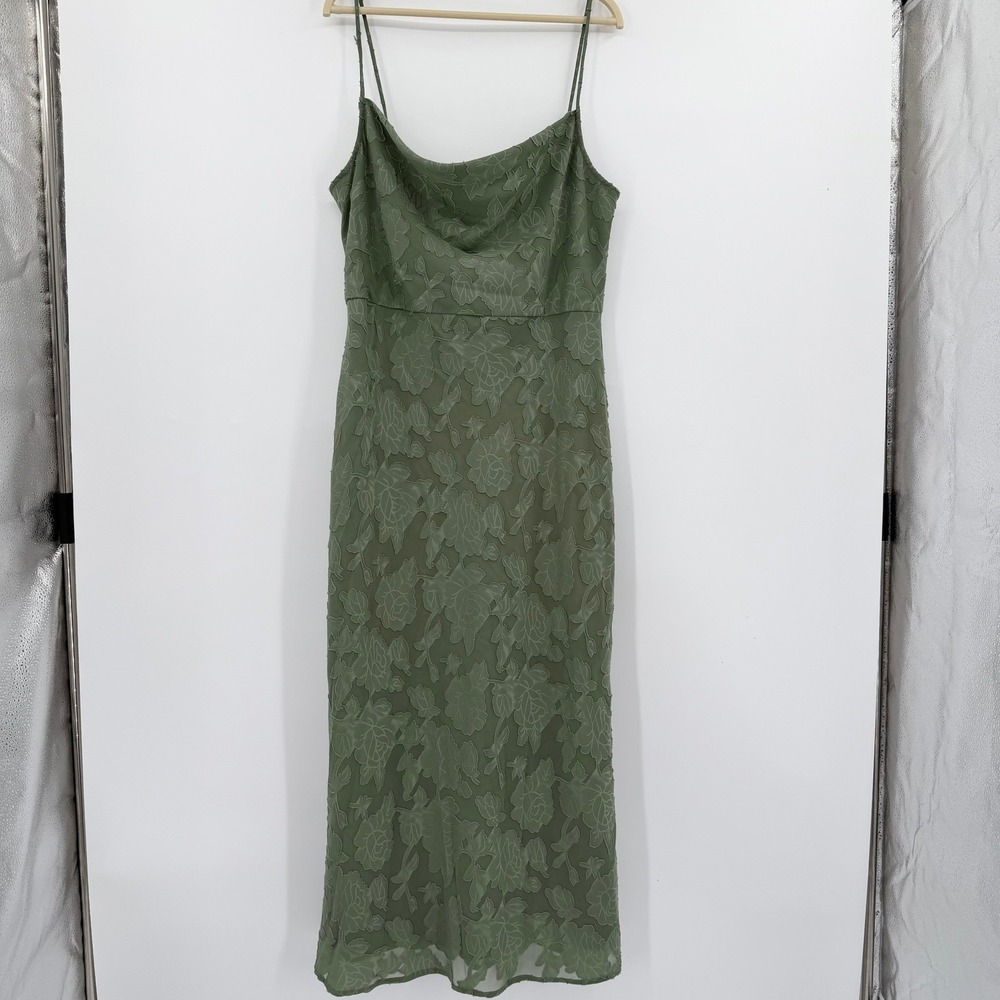 Hutch Olive Green Floral Burnout Cowl Neck Spaghetti Straps Midi Dress Size 16